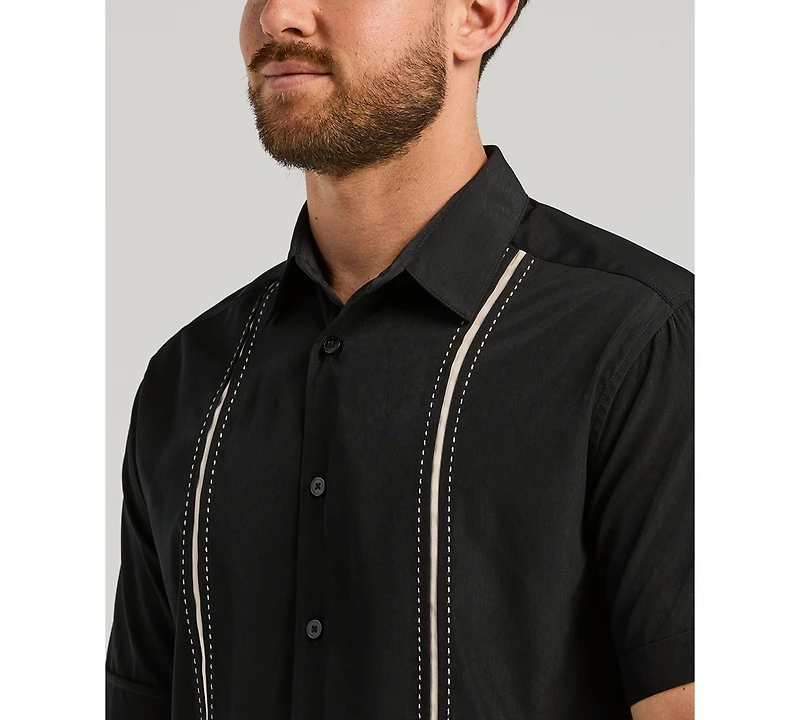 Cubavera Men's Pick Stitch Panel Short Sleeve Button-Down Shirt