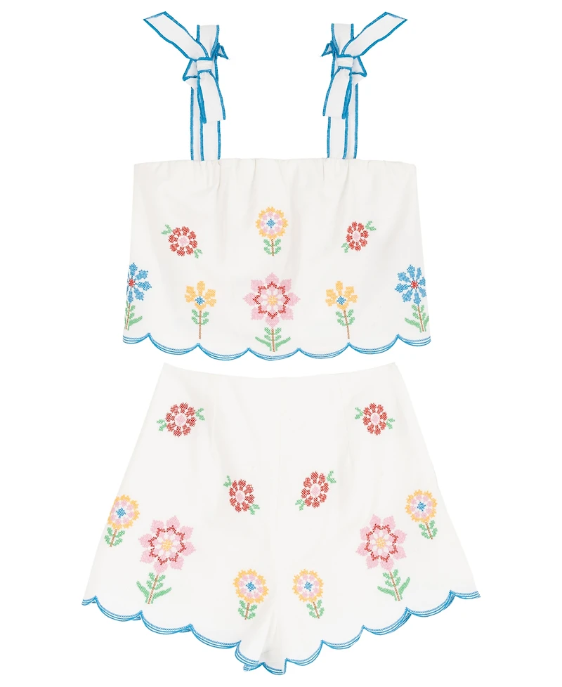 Tween Diva Girls' 7-16 Floral Embroidered Scallop Top and Shorts, 2-Piece Set