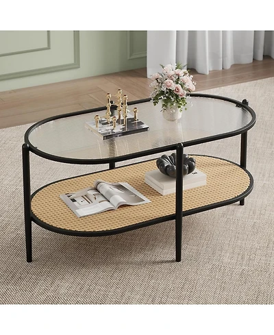 gaomon 2 Tier Rattan Oval Coffee Table with Tempered Glass Top, Boho Farmhouse Metal Tea Table with Storage Shelf Decor