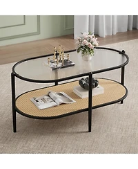 gaomon 2 Tier Rattan Oval Coffee Table with Tempered Glass Top, Boho Farmhouse Metal Tea Table with Storage Shelf Decor