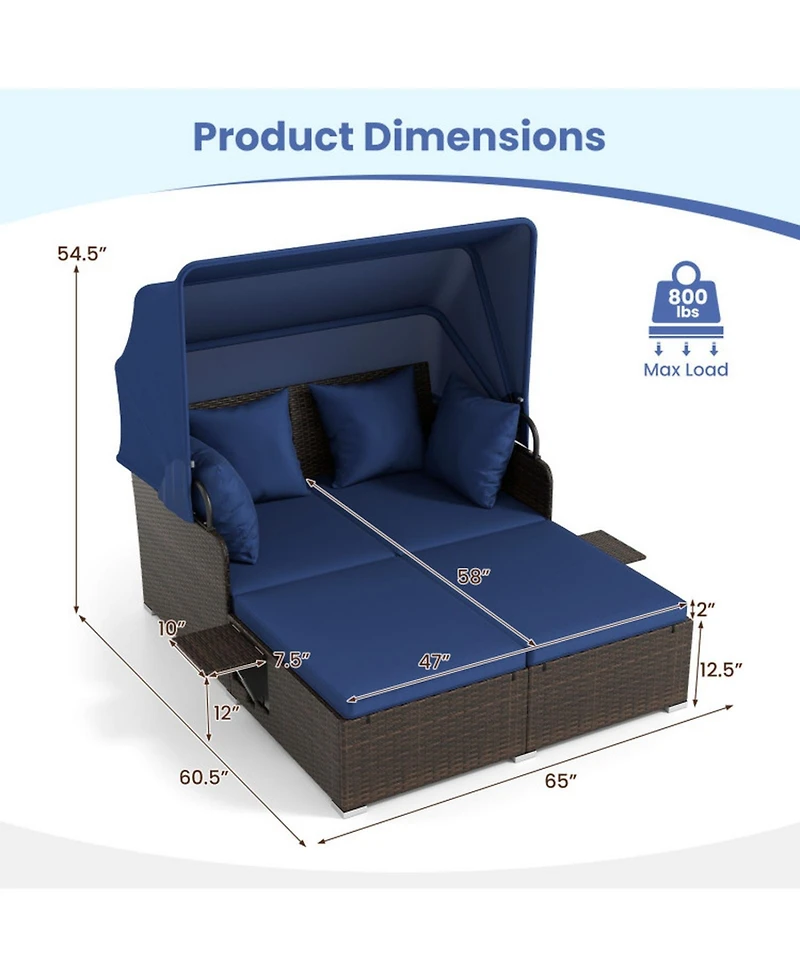 Gouun Outdoor Rattan Daybed with Retractable Canopy and Side Tables