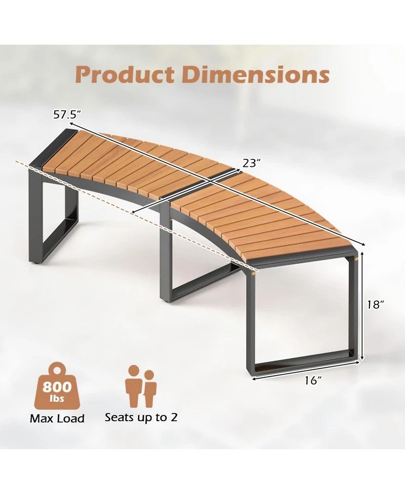 Gouun Curved Acacia Wood Patio Bench with Slatted Seat and Metal Legs