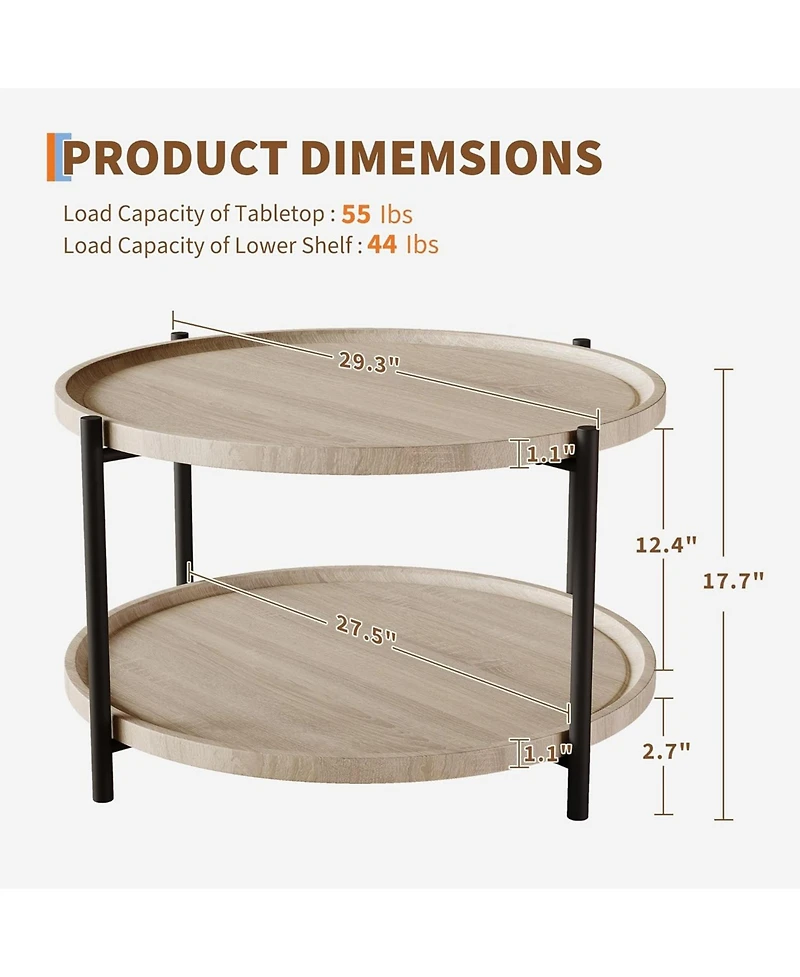 gaomon Wooden Round Coffee Table for Living Room, Wood Desktop and Sturdy Metal Legs, 2 Tier Circle Coffee Table