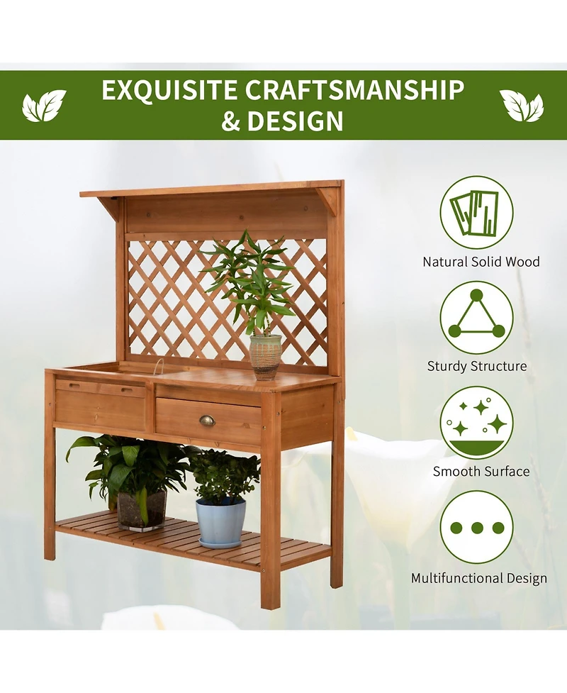 Garden Potting Bench Table Wooden Workstation w/ Metal Screen, Drawer
