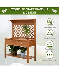 Garden Potting Bench Table Wooden Workstation w/ Metal Screen, Drawer