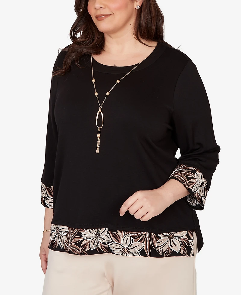 Alfred Dunner Plus Size Seville Bold Floral Border Trim Top with Necklace