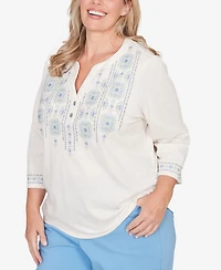 Alfred Dunner Plus St. Augustine Medallion Embroidered Ruched Henley Top