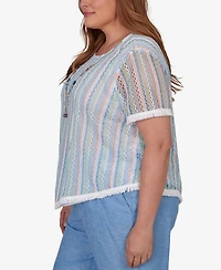 Alfred Dunner Plus Caribbean Blues Textured Stripe T-Shirt with Necklace