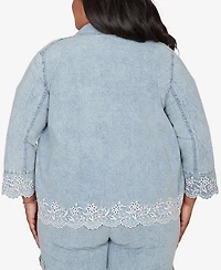 Alfred Dunner Plus Out of the Blue Floral Embroidered Scallop Trim Jacket