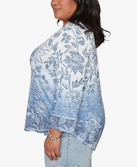 Alfred Dunner Plus Out of the Blue Ombre Batik Floral Henley Top