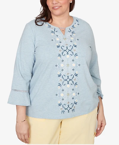 Alfred Dunner Plus Out of the Blue Center Scroll Embroidered Side Tie Top
