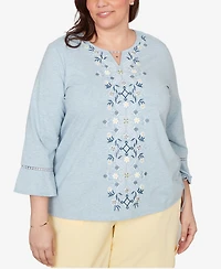 Alfred Dunner Plus Out of the Blue Center Scroll Embroidered Side Tie Top
