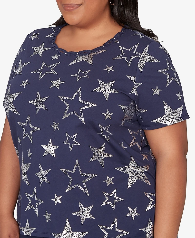 Alfred Dunner Plus Lady Liberty Sparkling Foil Stars Crewneck T-Shirt