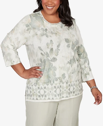 Alfred Dunner Plus Vintage Charm Floral Tonal Border Embellished Neck Top