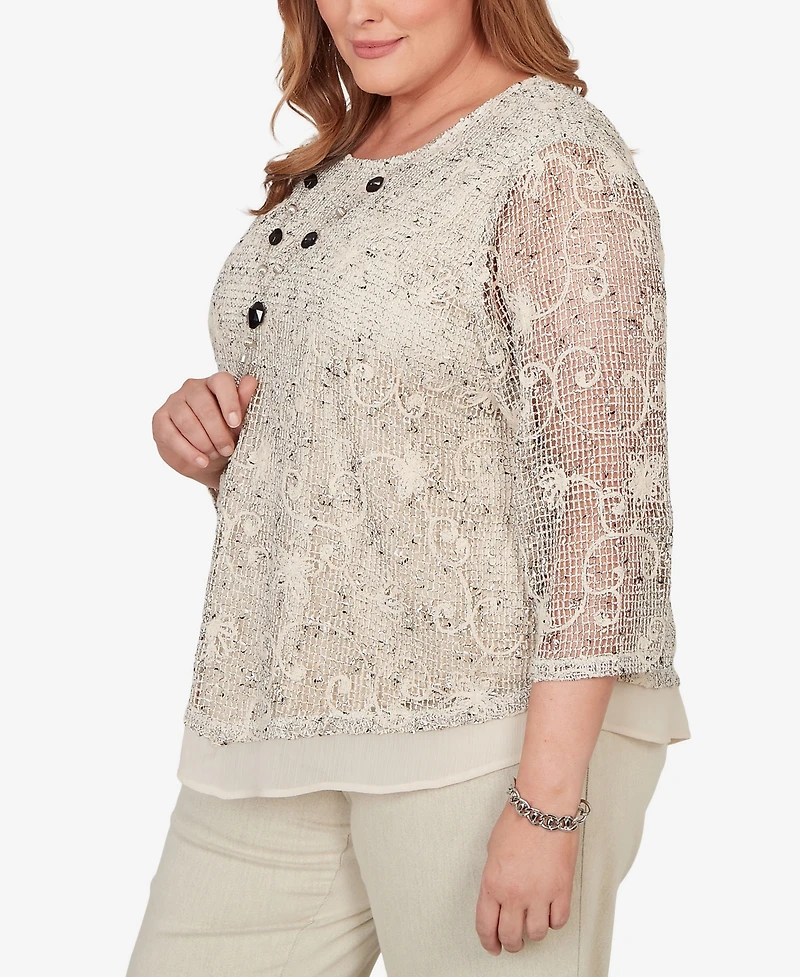 Alfred Dunner Plus Detail Driven Popcorn Mesh Pointed Hem Top with Necklace
