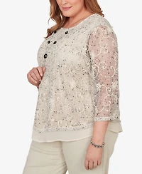 Alfred Dunner Plus Detail Driven Popcorn Mesh Pointed Hem Top with Necklace