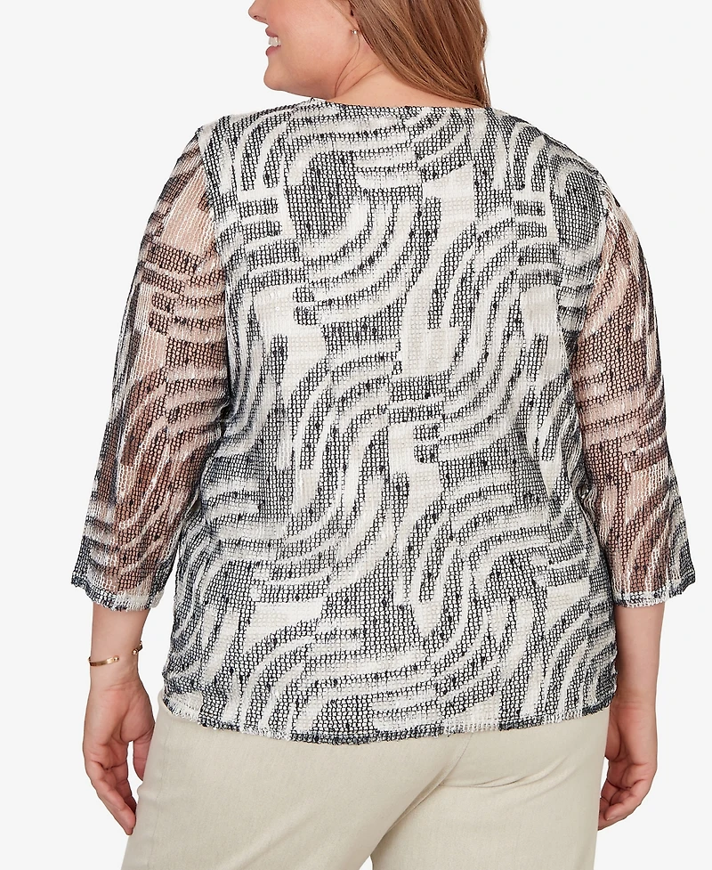 Alfred Dunner Plus Detail Driven Animal Popcorn Embellished Top with Necklace