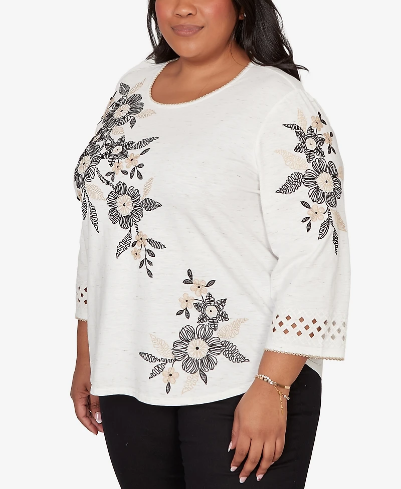 Alfred Dunner Plus Detail Driven Floral Embroidered Textured Top