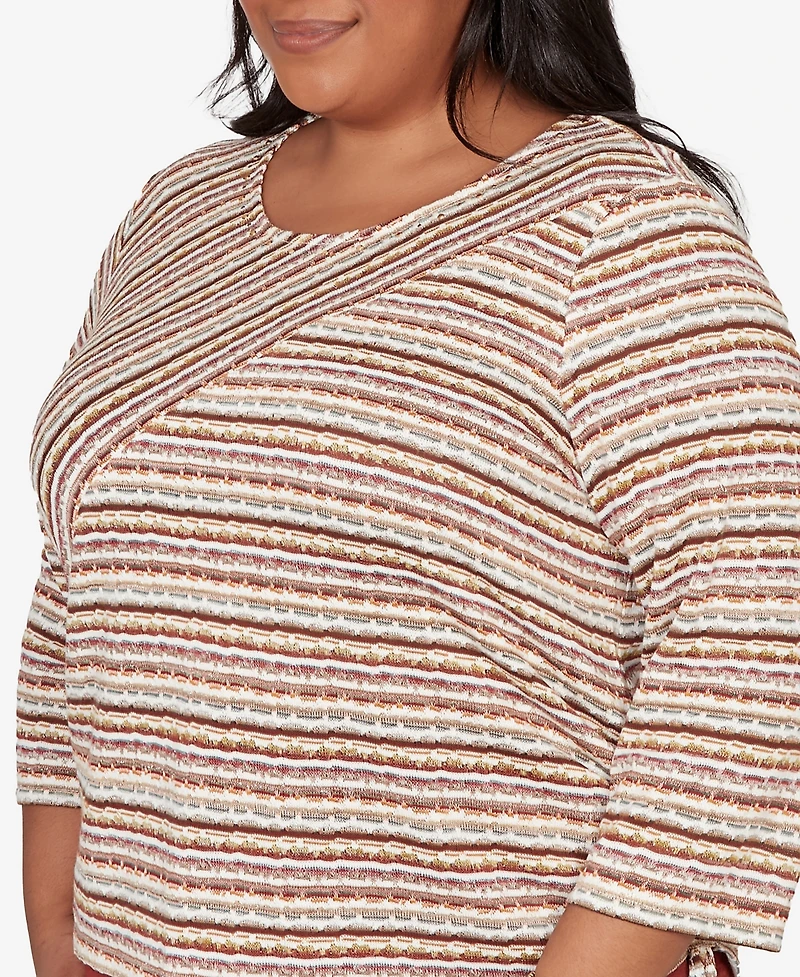 Alfred Dunner Plus Spice Market Spliced Textured Stripe Ruched Tie Top