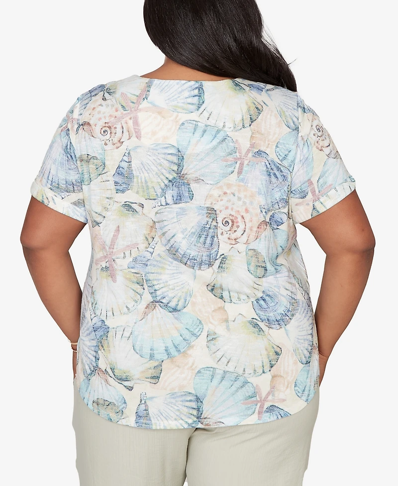 Alfred Dunner Plus Vintage Charm Seashells Embellished Solid T-Shirt