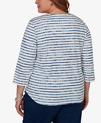 Alfred Dunner Plus Classic Medallion Embroidered Stripe V-Neck Top