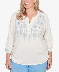 Alfred Dunner Plus St. Augustine Medallion Embroidered Ruched Henley Top