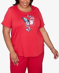 Alfred Dunner Plus Lady Liberty Sparkling Americana Butterfly Crewneck T-shirt