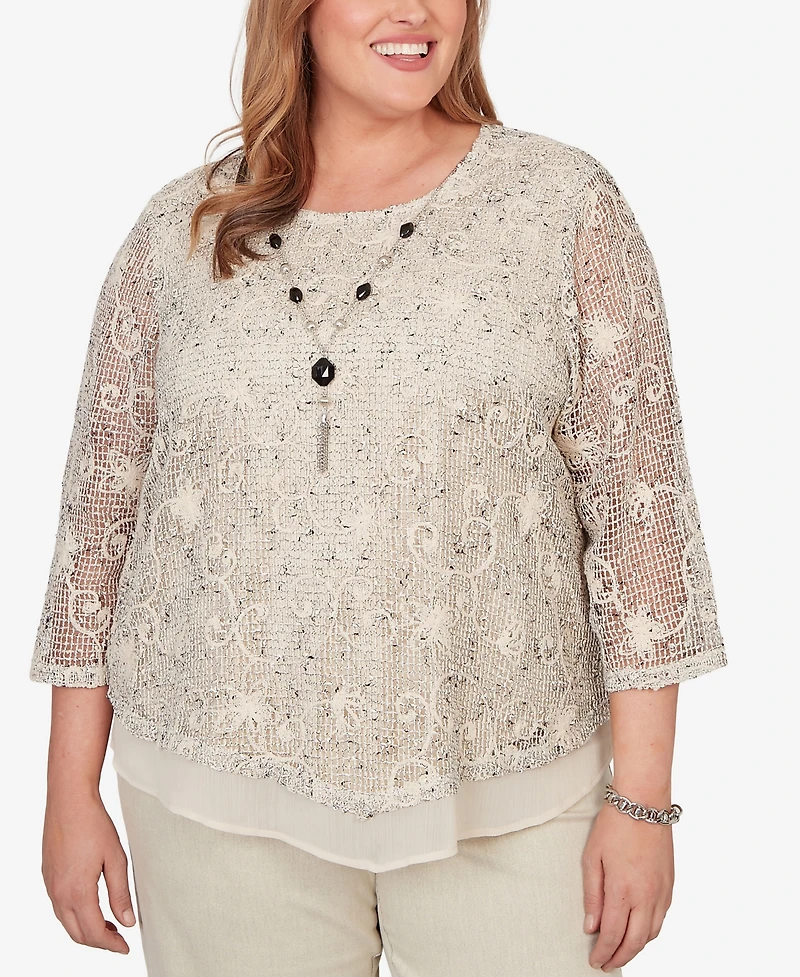 Alfred Dunner Plus Detail Driven Popcorn Mesh Pointed Hem Top with Necklace