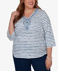 Alfred Dunner Plus Classic Medallion Embroidered Stripe V-Neck Top
