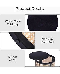 Rainsken Round Solid Wood Nightstand, Hollow Woven Bedside Table, Compact Accent End Table for Living Room, Bedroom, Home Office