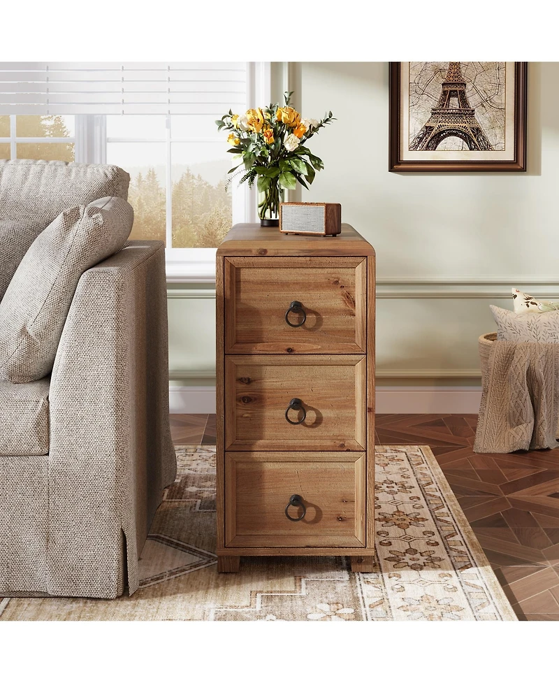 Tribesigns Solid Wood End Table with 3 Drawers Set of 2, Narrow Sofa Side Table Nightstand Storage Cabinet for Living Room Bedroom Office