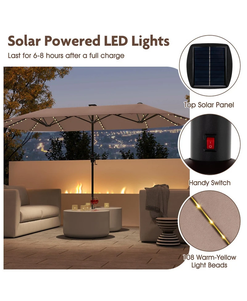 Gouun 13 ft Double-Sided Patio Umbrella with 108 Solar Led Lights and Crank Handle
