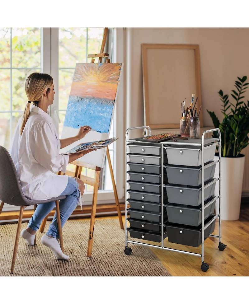Gouun 15-Drawer Rolling Utility Cart with Chrome Frame and Mixed Drawer Sizes