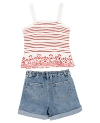 Rare Editions Girls' 2T-6X Smocked Ruffle Tank with Embroidery and Denim Shorts, 2-Piece Set
