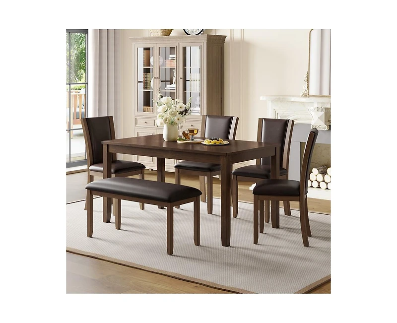 sumyeg 6-Piece Dark Walnut Farmhouse Dining Set with Wood Table Bench and Chairs