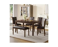 sumyeg 6-Piece Dark Walnut Farmhouse Dining Set with Wood Table Bench and Chairs
