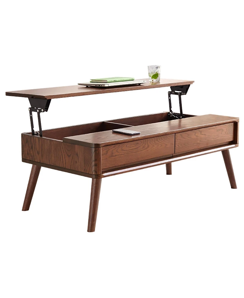 sumyeg Elevating Solid Oak Wood Center Table with Storage Shelf