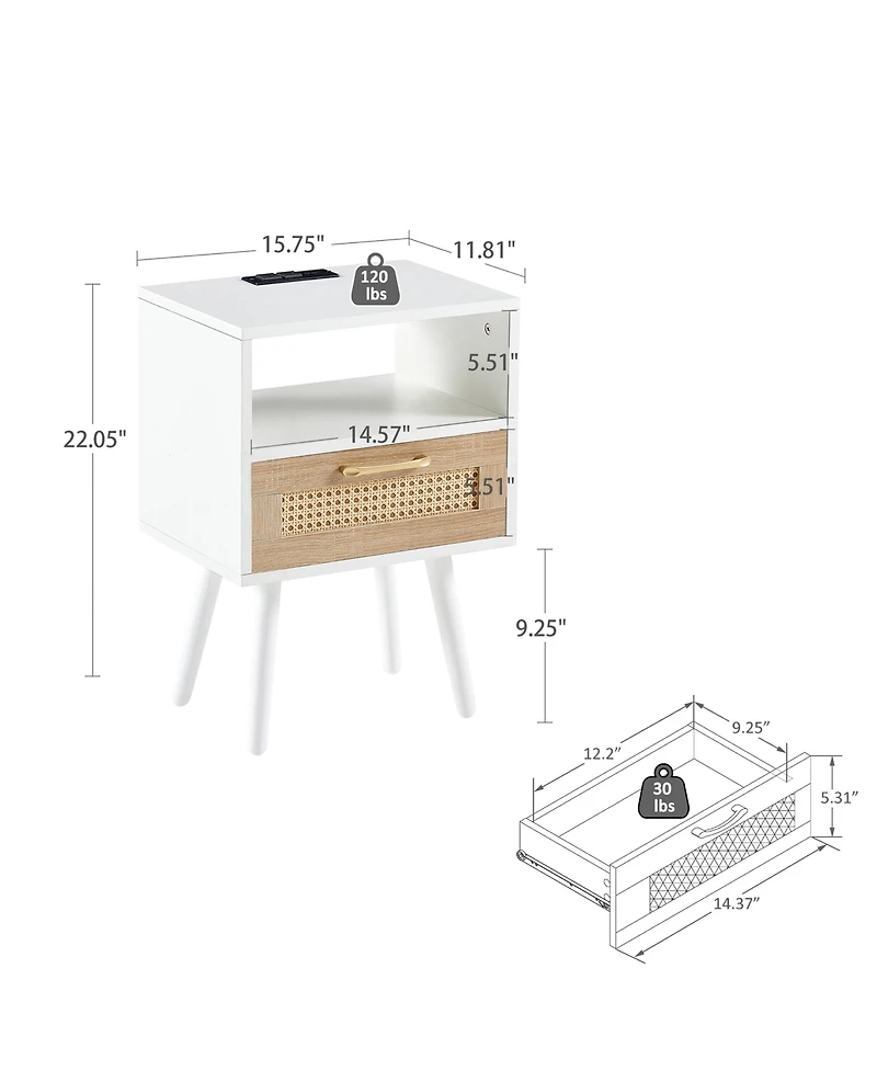 sumyeg Modern Rattan End Table with Power Outlet Usb Ports Drawer Solid Wood Legs