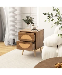 sumyeg Set of 2 Rattan Nightstand with 2 Drawers and Solid Wood Legs