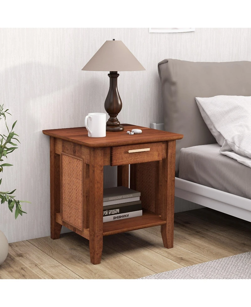 sumyeg Rattan Nightstand End Table with Drawer and Storage Shelf