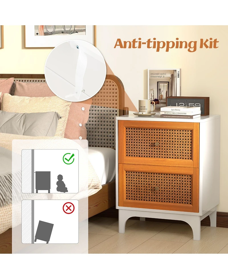 sumyeg Boho Accent Table Nightstand with 2 Handwoven Rattan Decorated Drawers