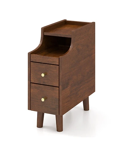 sumyeg Solid Wood End Table Narrow Bedside Table with Pull-out Tray and 2 Storage Drawers