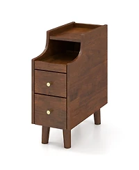sumyeg Solid Wood End Table Narrow Bedside Table with Pull-out Tray and 2 Storage Drawers