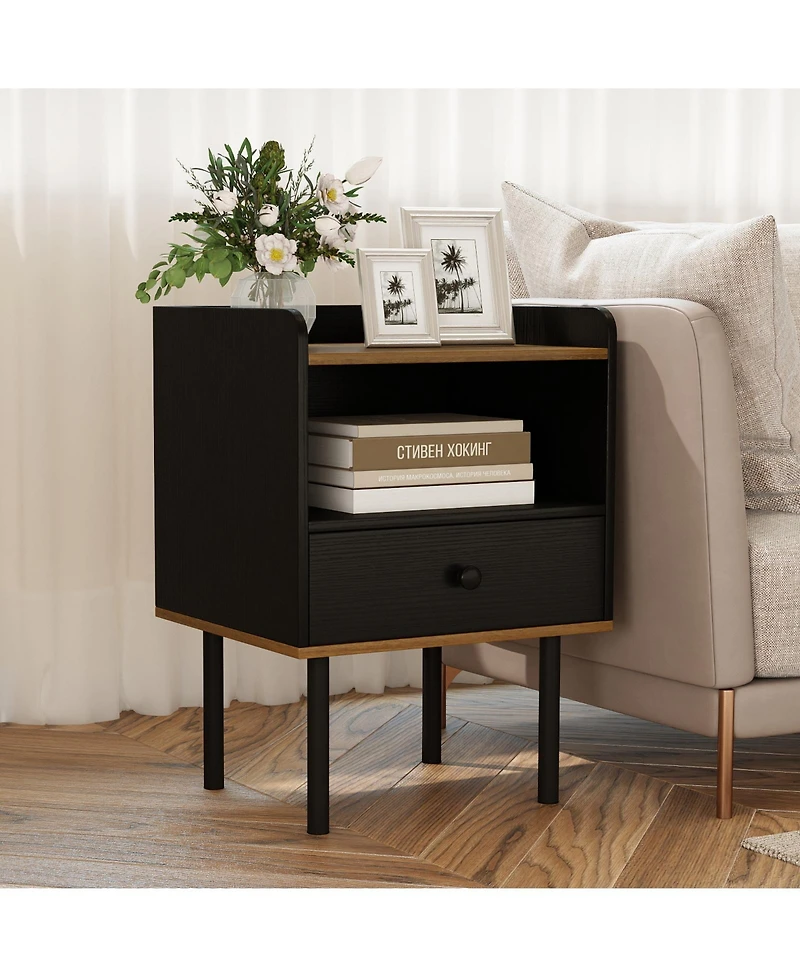 sumyeg Nightstand with Drawer 3-Tier Sofa Side Table with Open Storage Shelf