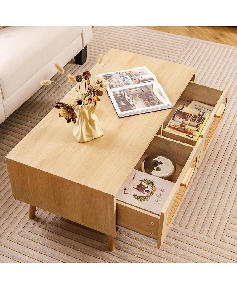 sumyeg Rattan Coffee Table Mid Century Modern Center Table with 2 Storage Drawers