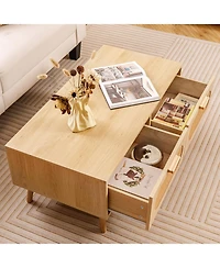 sumyeg Rattan Coffee Table Mid Century Modern Center Table with 2 Storage Drawers