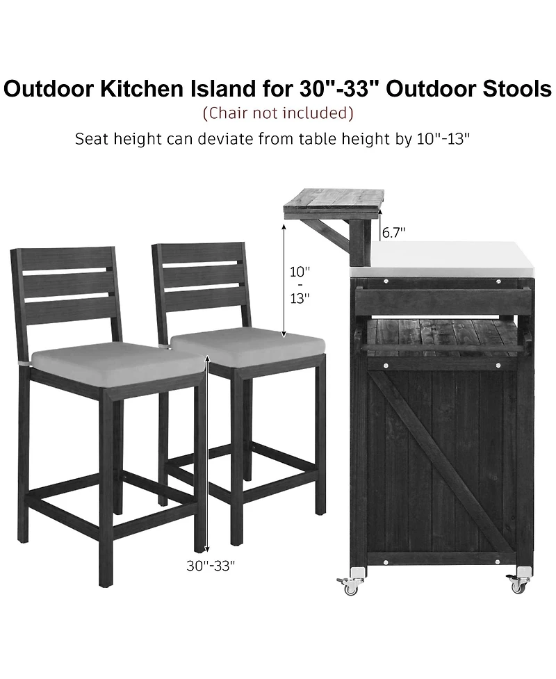 sumyeg 53.3inch Outdoor Kitchen Island with Raised Shelf, Solid Wood Storage Cabinet, Rolling Grill Cart Rack, Adjustable Shelf and Spice Rack