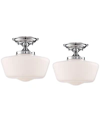 Regency Hill Schoolhouse Rustic Farmhouse Ceiling Light Semi Flush Mount Fixture Set of 2 Chrome Metal White Glass Shade for Bedroom