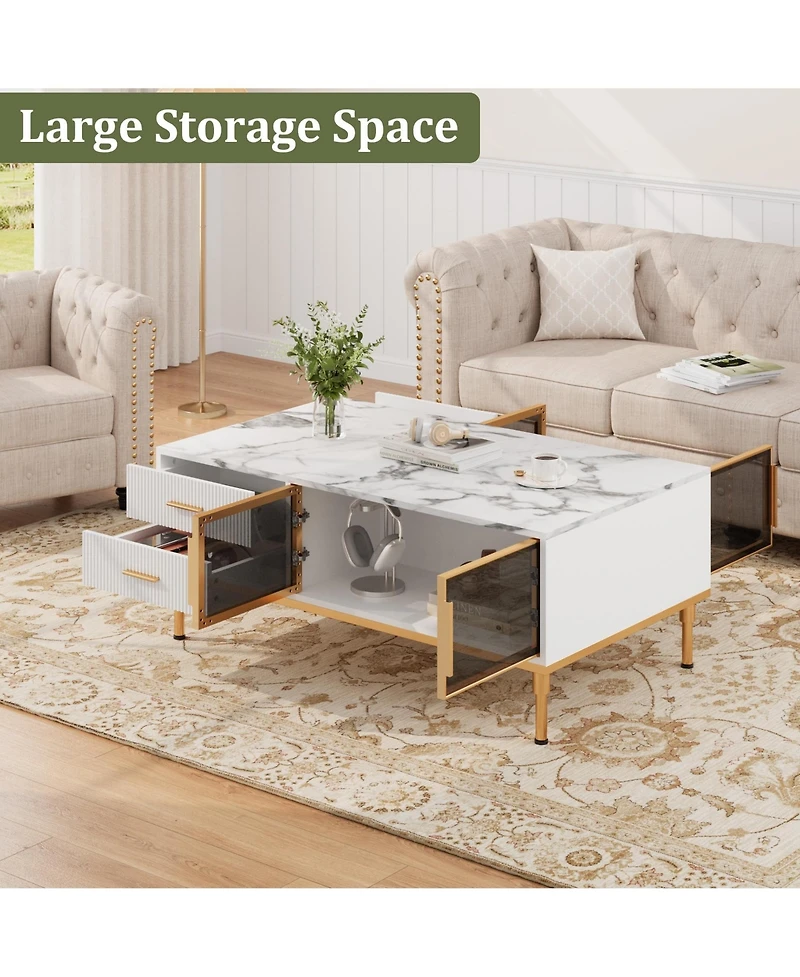 homfan Modern Faux Marble Coffee Table with Storage, 4 Drawers, 2 Glass Doors, Fluted Design, Adjustable Legs