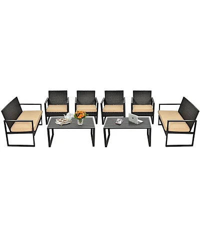 Gymax 8PCS Outdoor Wicker Rattan Furniture Set Patio Conversation Set w/ Cushions
